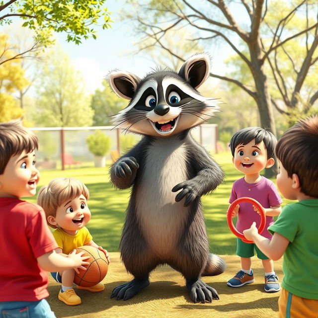 An energetic scene featuring a wacky raccoon coaching children and adults on the fundamentals of good sportsmanship