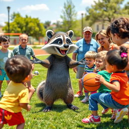 An energetic scene featuring a wacky raccoon coaching children and adults on the fundamentals of good sportsmanship