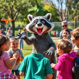 An energetic scene featuring a wacky raccoon coaching children and adults on the fundamentals of good sportsmanship