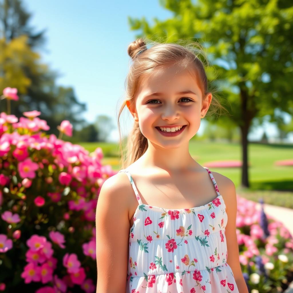 A beautiful young girl wearing a sun dress, enjoying a sunny day in a scenic park