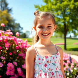 A beautiful young girl wearing a sun dress, enjoying a sunny day in a scenic park