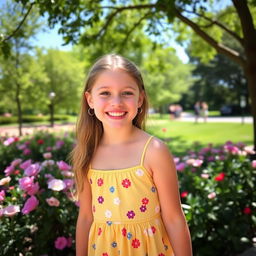 A beautiful young girl wearing a sun dress, enjoying a sunny day in a scenic park