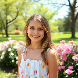 A beautiful young girl wearing a sun dress, enjoying a sunny day in a scenic park