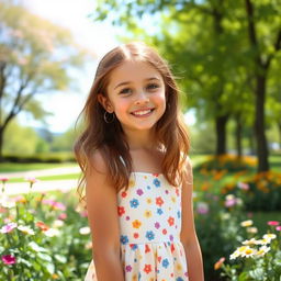 A beautiful young girl wearing a sun dress, enjoying a sunny day in a scenic park