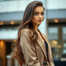 A mature and attractive 21-year-old woman with long hair, posing confidently