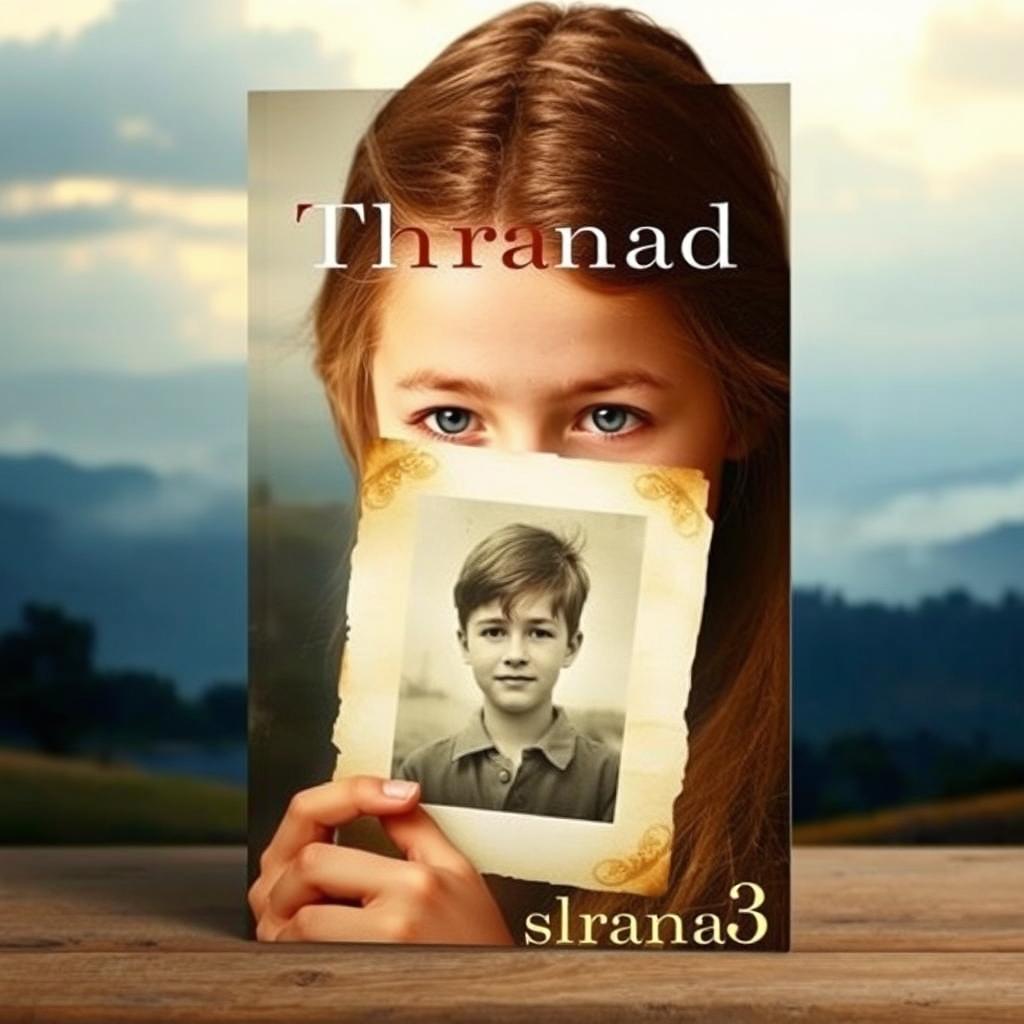 Create a novel cover featuring a young girl looking at a faded photograph of a boy