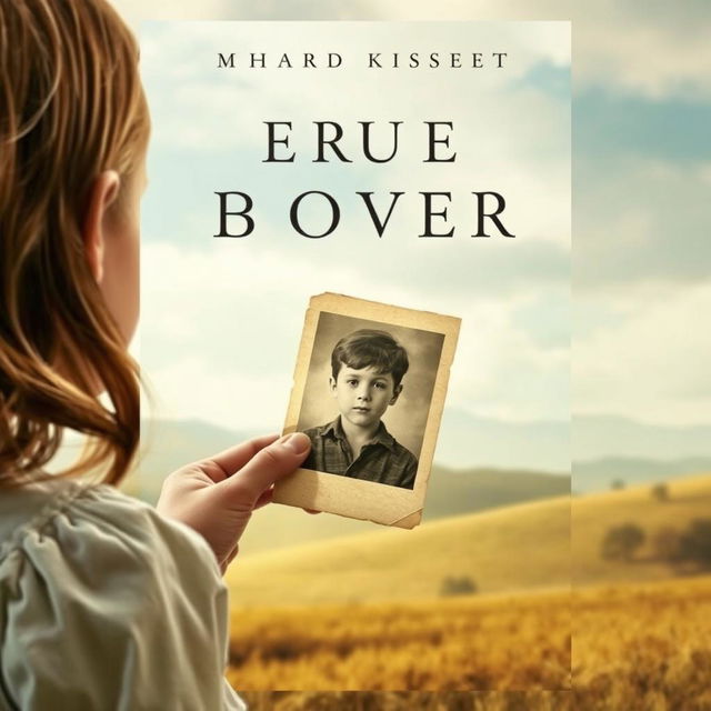 Create a novel cover featuring a young girl looking at a faded photograph of a boy