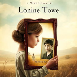 Create a novel cover featuring a young girl looking at a faded photograph of a boy