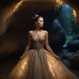 A beautiful woman in a stunning cave, illuminated by scores of fireflies. She is dressed in an elaborate gown with her hair swept up in an intricate bun, her face the epitome of elegance and charm.