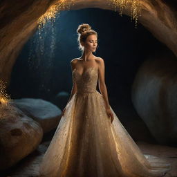 A beautiful woman in a stunning cave, illuminated by scores of fireflies. She is dressed in an elaborate gown with her hair swept up in an intricate bun, her face the epitome of elegance and charm.