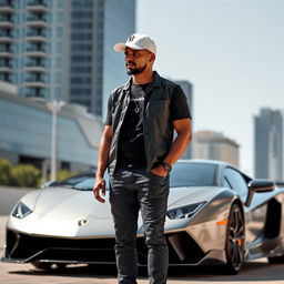 A man wearing a white cap standing next to a Lamborghini