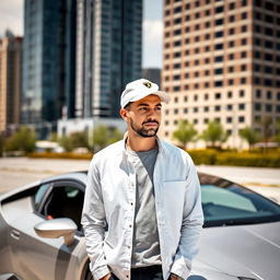 A man wearing a white cap standing next to a Lamborghini