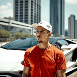 A man wearing a white cap standing next to a Lamborghini