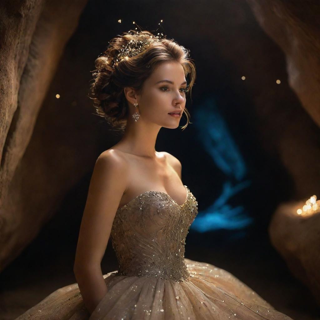 A beautiful woman in a stunning cave, illuminated by scores of fireflies. She is dressed in an elaborate gown with her hair swept up in an intricate bun, her face the epitome of elegance and charm.