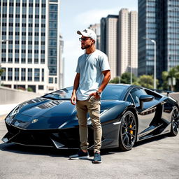 A man wearing a white cap standing next to a Lamborghini