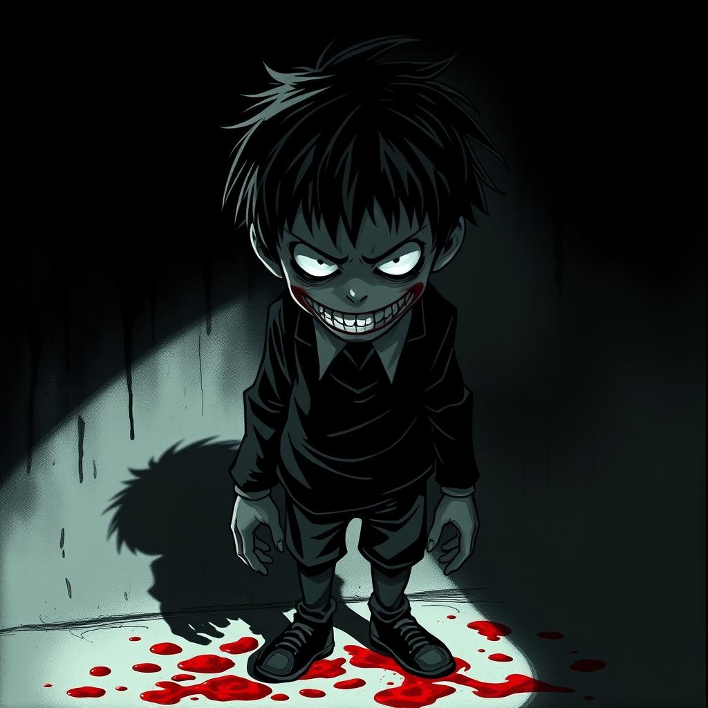 A dark, shadowy manga figure of a kid with full white eyes and a long white grin, standing ominously after massacring his family