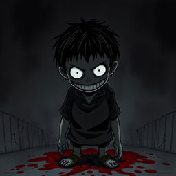 A dark, shadowy manga figure of a kid with full white eyes and a long white grin, standing ominously after massacring his family