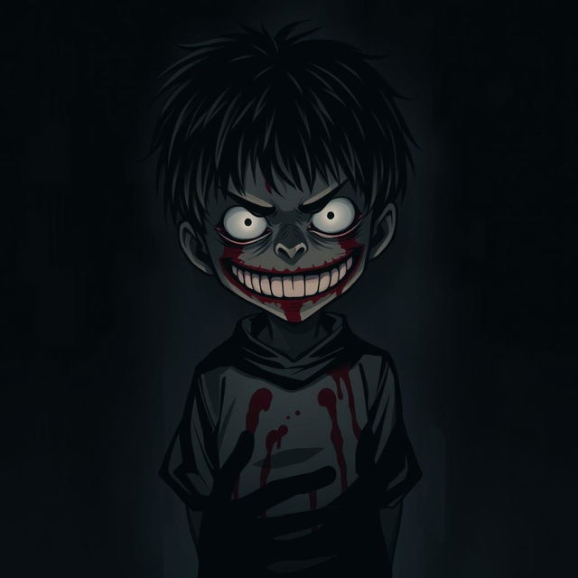 A dark, shadowy manga figure of a kid with full white eyes and a long white grin, standing ominously after massacring his family