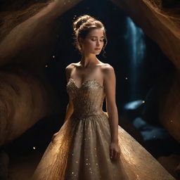 A beautiful woman in a stunning cave, illuminated by scores of fireflies. She is dressed in an elaborate gown with her hair swept up in an intricate bun, her face the epitome of elegance and charm.