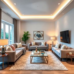 A beautifully remodeled living room with modern furniture, elegant lighting, and a cozy atmosphere