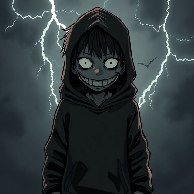 A dark, shadowy manga figure of a kid with full white eyes and a long white grin, wearing a black hoodie, standing ominously after massacring his family