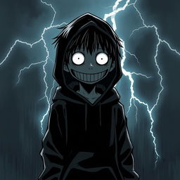 A dark, shadowy manga figure of a kid with full white eyes and a long white grin, wearing a black hoodie, standing ominously after massacring his family