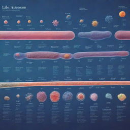 A detailed timeline displaying key events in the origin and evolution of microorganisms, from the first life forms to the diversity of bacterial, archaea, and eukaryotic microbes present today.