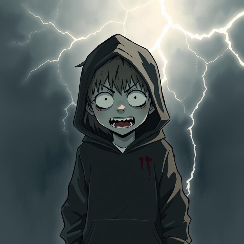 A dark, shadowy manga figure of a kid with full white eyes and sharp teeth, wearing a black hoodie, standing ominously after massacring his family