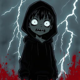 A dark, shadowy manga figure of a kid with full white eyes and sharp teeth, wearing a black hoodie, standing ominously after massacring his family