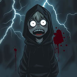 A dark, shadowy manga figure of a kid with full white eyes and sharp teeth, wearing a black hoodie, standing ominously after massacring his family