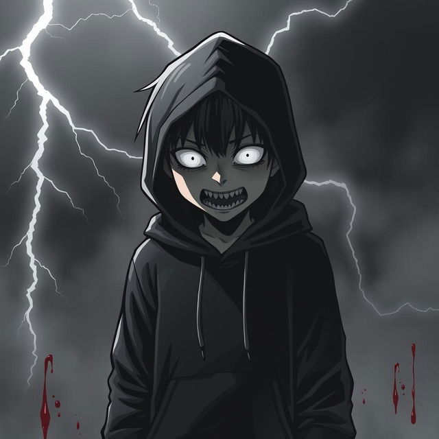 A dark, shadowy manga figure of a kid with full white eyes and sharp teeth, wearing a black hoodie, standing ominously after massacring his family