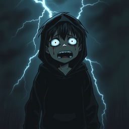 A dark, shadowy manga figure of a kid with full white eyes and sharp teeth, wearing a black hoodie, standing ominously after massacring his family