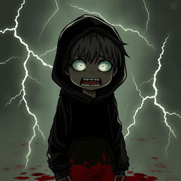 A dark, shadowy manga figure of a kid with full white eyes and sharp teeth, wearing a black hoodie, standing ominously after massacring his family