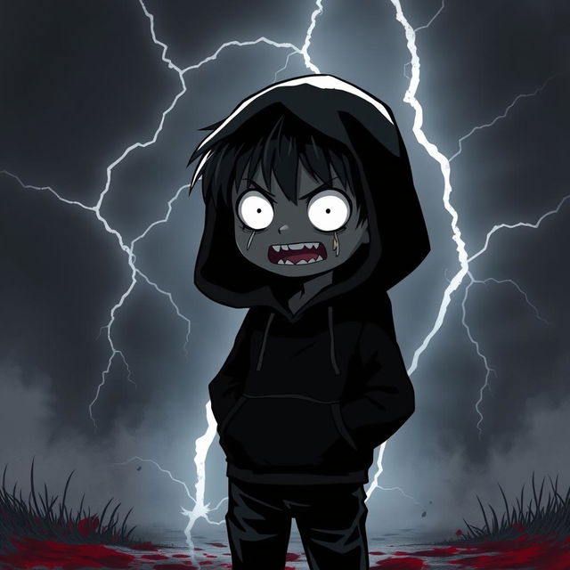 A dark, shadowy manga figure of a kid with full white eyes and sharp teeth, wearing a black hoodie, standing ominously after massacring his family