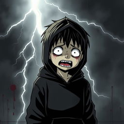 A dark, shadowy manga figure of a kid with full white eyes and sharp teeth, wearing a black hoodie, standing ominously after massacring his family