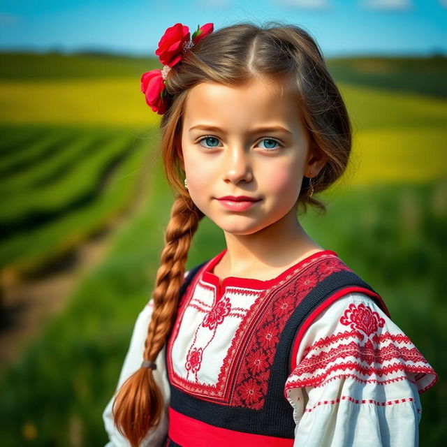 A portrait of a young Russian girl wearing traditional clothing, standing in a picturesque countryside setting with a serene expression