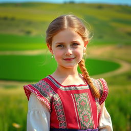 A portrait of a young Russian girl wearing traditional clothing, standing in a picturesque countryside setting with a serene expression