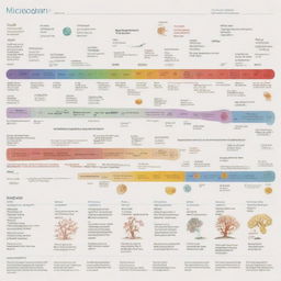 A detailed timeline displaying key events in the origin and evolution of microorganisms, from the first life forms to the diversity of bacterial, archaea, and eukaryotic microbes present today.