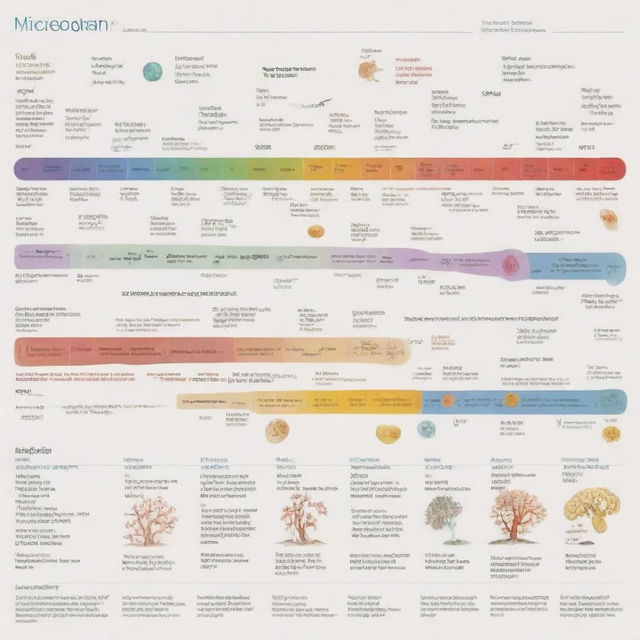 A detailed timeline displaying key events in the origin and evolution of microorganisms, from the first life forms to the diversity of bacterial, archaea, and eukaryotic microbes present today.