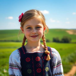 A portrait of a young Russian girl wearing traditional clothing, standing in a picturesque countryside setting with a serene expression