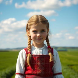 A portrait of a young Russian girl wearing traditional clothing, standing in a picturesque countryside setting with a serene expression