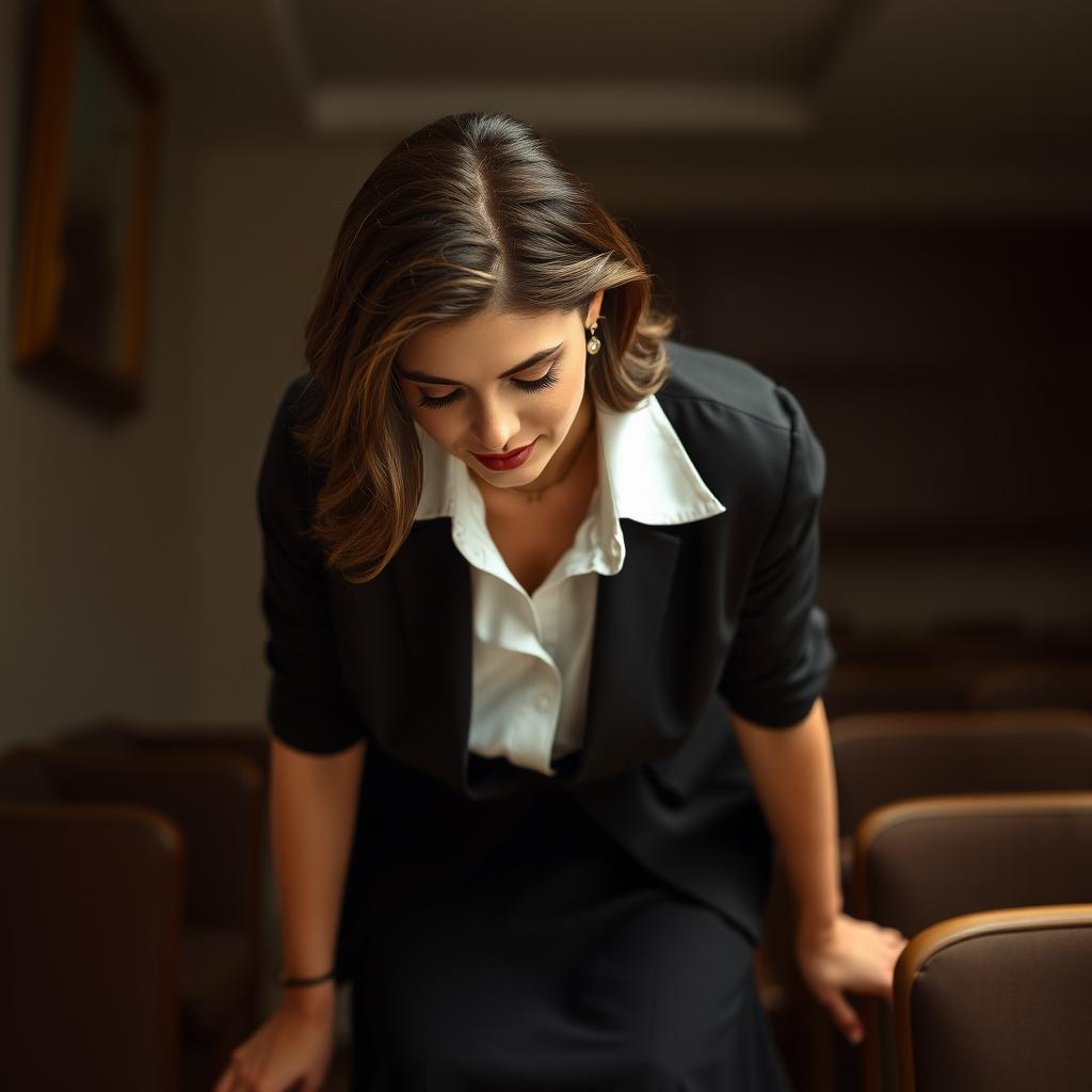 A woman leaning over, dressed in a tasteful outfit