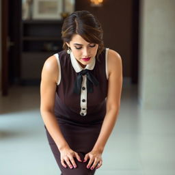 A woman leaning over in a tasteful and elegant outfit