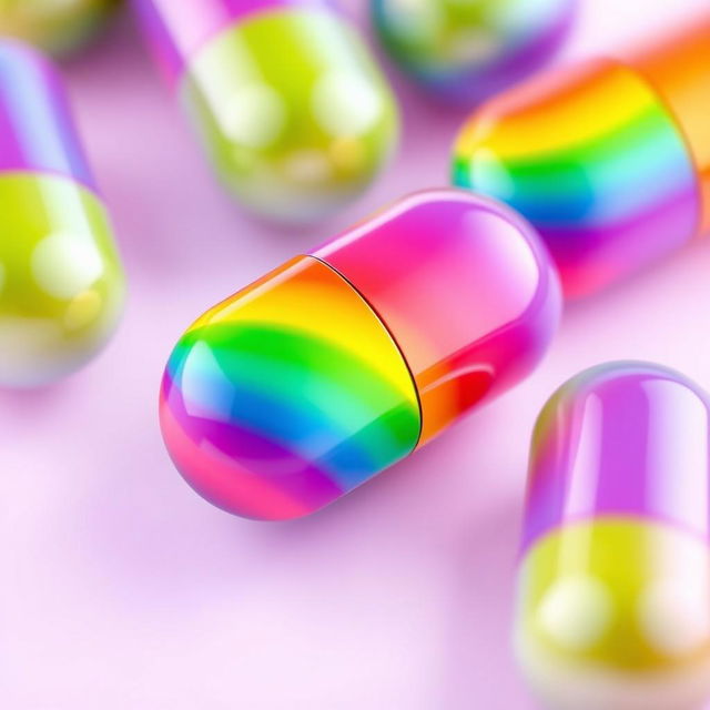 A vibrant, colorful image of a pill with a rainbow pattern