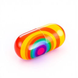 A vibrant, colorful image of a pill with a rainbow pattern