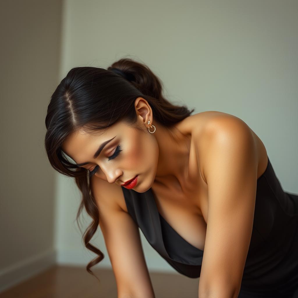 A close-up of a woman leaning over in an elegant and tasteful outfit