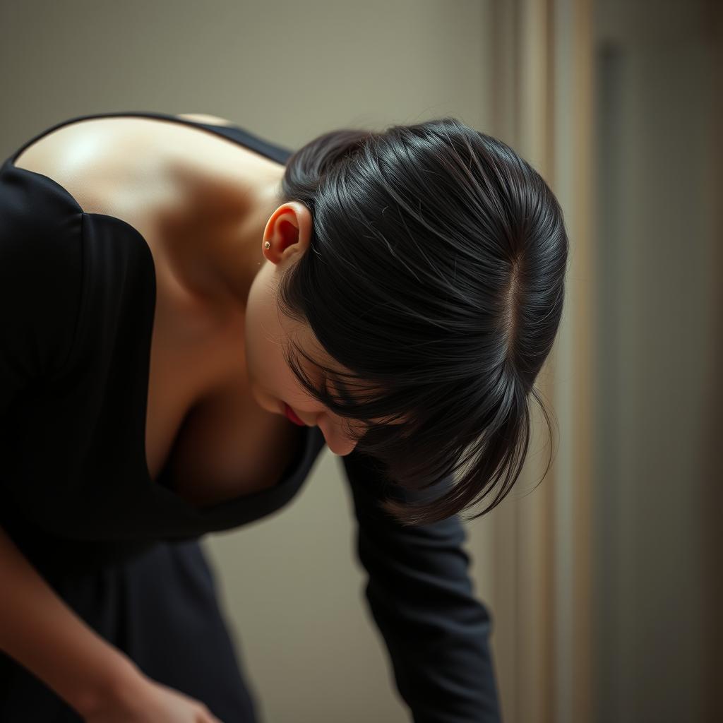 A super close-up of a woman leaning over in an elegant and tasteful outfit, without a bra