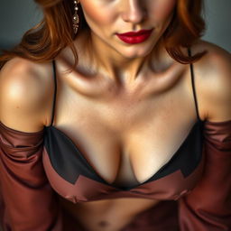 A super close-up of a woman leaning over in an elegant and tasteful outfit, without a bra