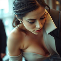 A tasteful and elegant close-up of a woman leaning over in a sophisticated outfit, without a bra