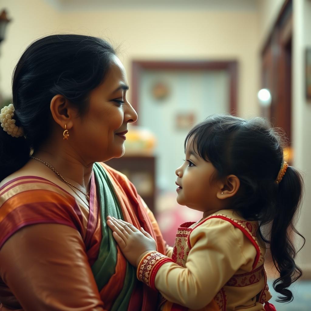 A heartwarming scene of an Indian mother giving a gentle kiss on the forehead of her young daughter